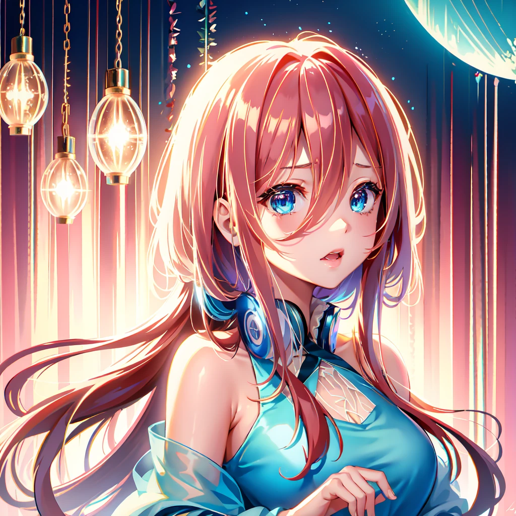 Pretty girl, headshot, nakano miku, iridescent organza dress, fluffy organza dress, veiled dress, extremely detailed, extremely pretty,, sparkling threads in hair, splendid, gorgeous, dramatic lighting, dusty pink brown red hair, blue eyes, aamiku, miku nakano