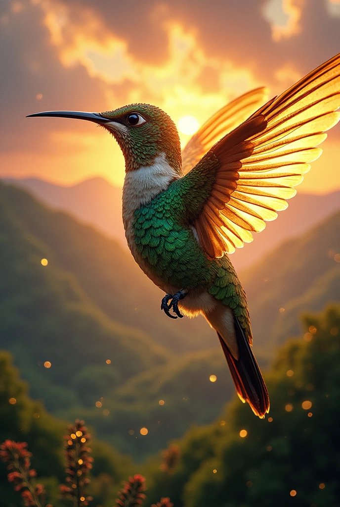(Close-up of a majestic masterpiece:1.5)0.9], (Strong and united hummingbird:1.2), (Detailed golden armor:1.1), (Radiant light around the hummingbird:1.1), (Epic scenery symbolizing unity and determination:1.0)