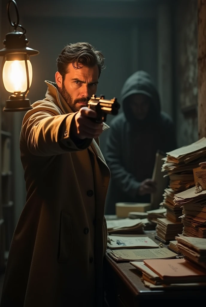 Detective pulls out his revolver, aiming determinedly at the hooded figure in the dark, cluttered room lit by a lantern.