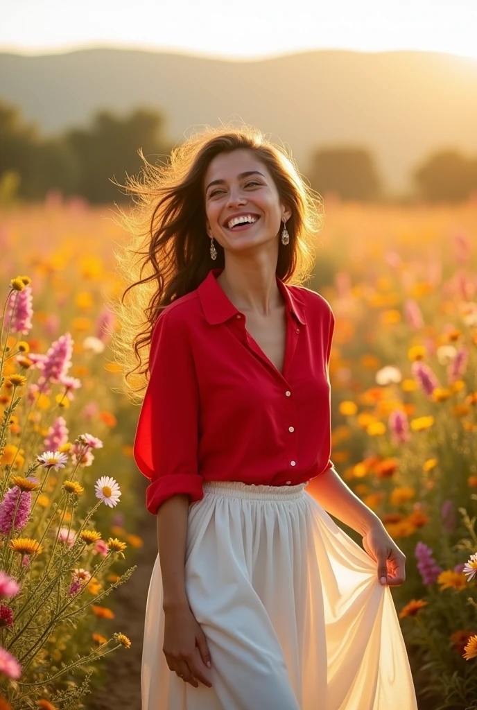 arafed woman in a red shirt and white skirt standing in a field of flowers, beautiful and smiling, beautiful smile, lovely smile, with a beautifull smile, gorgeous woman, pretty smile, charming smile, attractive girl, very beautiful woman, cute seductive smile, cute woman, very extremely beautiful, she is smiling, happy and smiling, cute young woman
