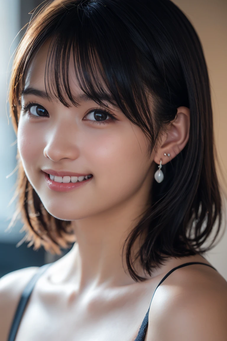 (8k, RAW Photos,Highest quality, High resolution:1.1), (Ultra-realistic:1.4),(Realistic:1.4), Realistic Face,Realistic Body,Realistic Skin,masterpiece,(cute:1.8), Japanese, ((White bra)), cute, Fine black eyes,Innocent eyes,Cinema Lighting,Film Grain,jewelry,Earrings,((Medium Hair:1.1)),Cherry colored lips,Hair Ribbon,ponytail,Viewer,Long Hair,,Open your lips,Upper teeth, (Smiling Eyes:0.6),((Grin:1.3)),Blurred Background, Eye focus , Bokeh,young, 85mm lens,young,Portraiture,Photon Mapping,Radio City,