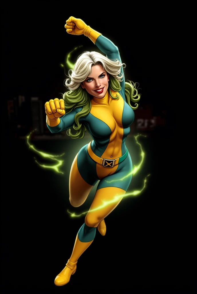 Lorna Dane, polaris x-men, (attack pose:1.4), (busty and voluptuous body), (naked arms), (green thick wavy long hair:1.4), (huge breast:1.6), wearing a blue costume, big yellow in the chest and stomach, with yellow xmen belt, blue glowes, yellow boots, (she's surrounded by a green energy:1.5), (comic style:1.4)