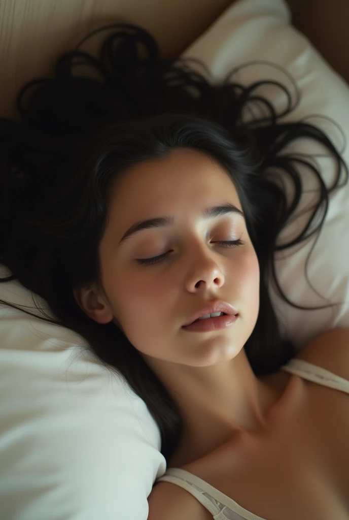 ((The Peeping Tom's Perspective)) a beautiful young girl.Her facial features are exquisite,Completely in line with the golden ratio of the human body..She was wearing thin white silk underwear.Lie on your side on the bed,Natural and relaxed posture.Her beautiful figure is looming.her long, Black hair scattered on the pillow.She slept very relaxed and sweet.