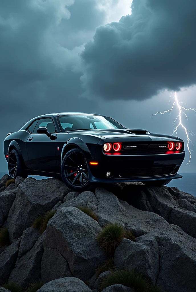 Dodge challenger black colours tire smoke red headlights on top of mountain thunderstorms 