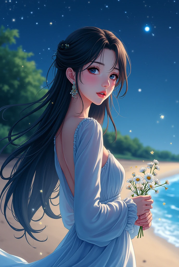 (masterpiece,Highest quality,,8k,High resolution),One female,,Beautiful Face,Beautiful Face,Beautiful eyes,Beautiful lips,,Black Hair,look back,,flower,Sandy beach with a view of the forest,A bright night with stars visible,jewelry,Holding,Long sleeve,necklace,Long Hair,dress,(whole body),Highly detailed anime art,