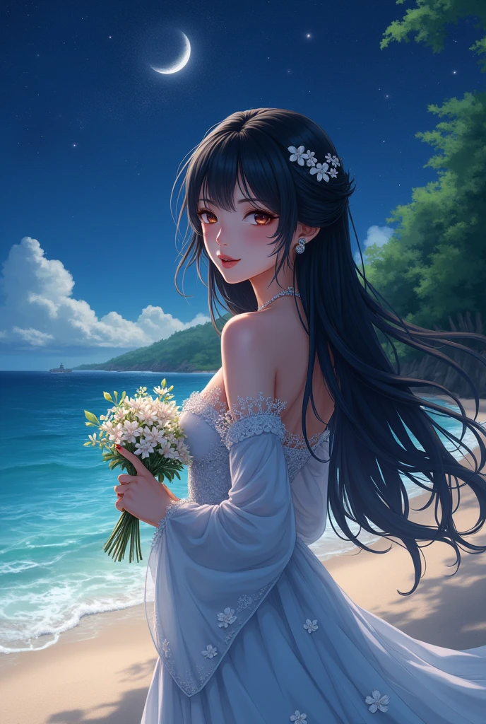 (masterpiece,Highest quality,,8k,High resolution),One female,,Beautiful Face,Beautiful Face,Beautiful eyes,Beautiful lips,,Black Hair,look back,,flower,Sandy beach with a view of the forest,A bright night with stars visible,jewelry,Holding,Long sleeve,necklace,Long Hair,dress,(whole body),Highly detailed anime art,