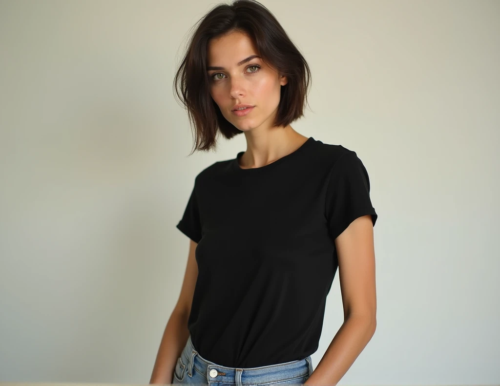 thin brunette woman, around 35 years old, short hair, wearing a black cotton t-shirt, showing her face down to the beginning of her legs. wearing jeans. clean background.  I want the rest with more wrinkles and a small scar on the nose