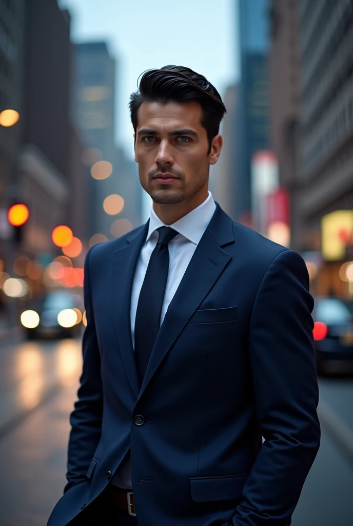 Man in suit with black hair combed back and green eyes