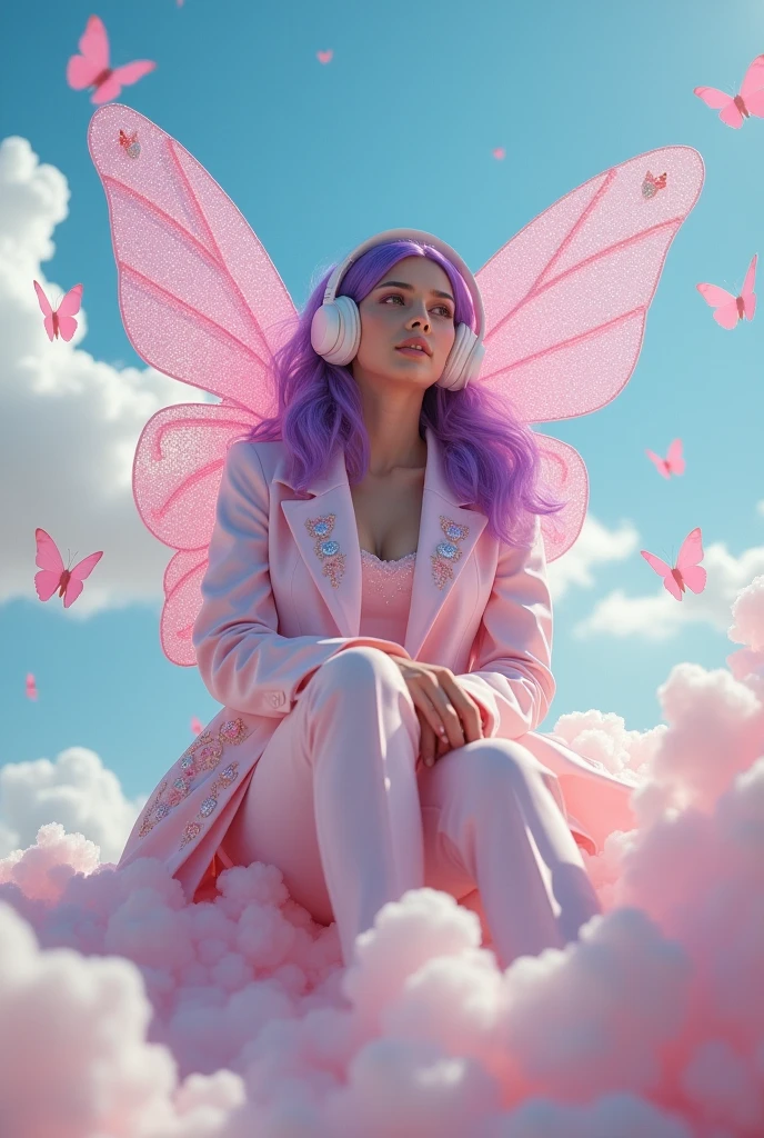 Korean purple hair butterfly woman with headphone and bright and shiny light pink outfit and pink glittery wings and white man with pink hair formal wear with butterflies and in hot air balloon in sky white ethnicity man