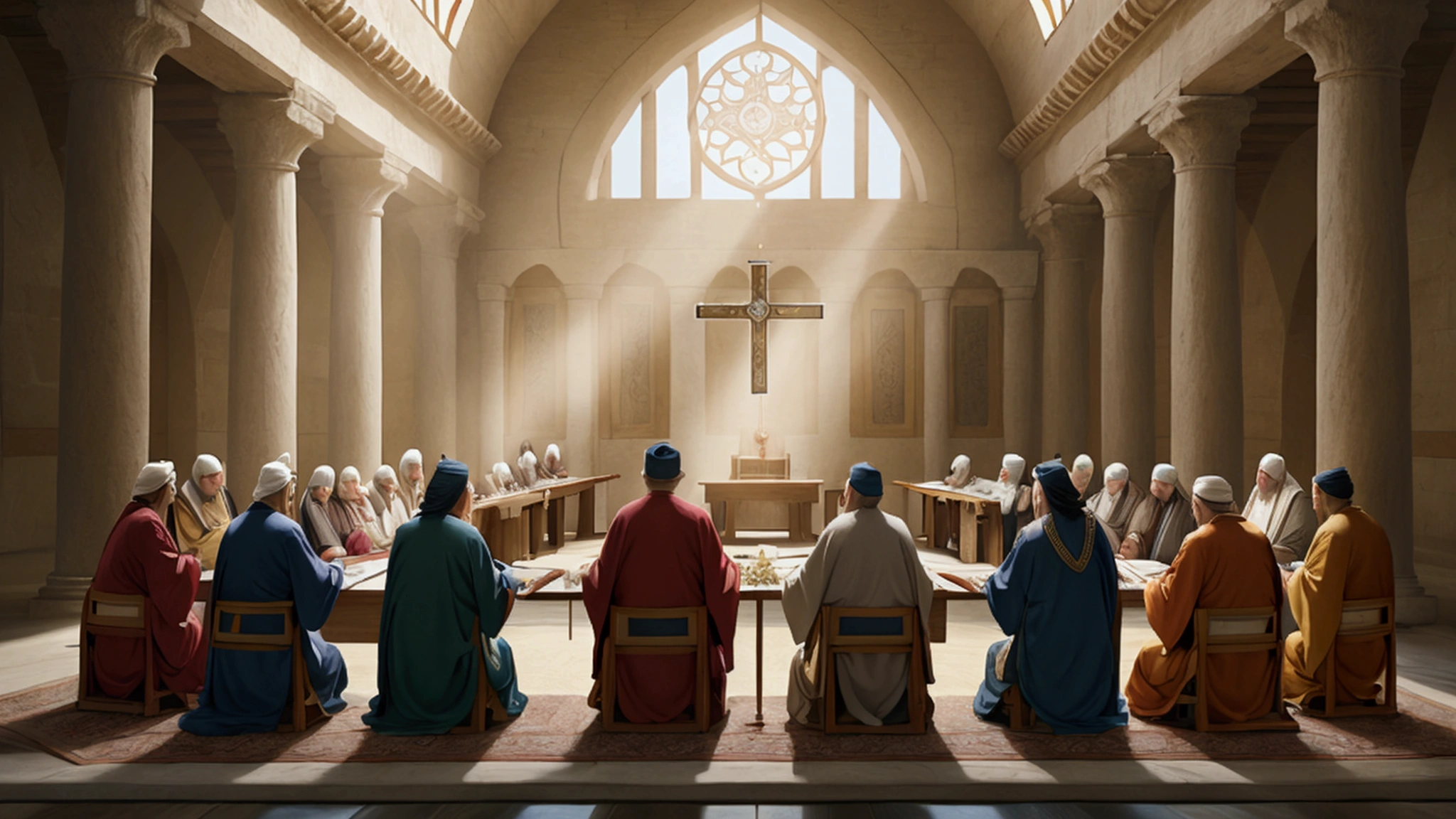 "Description: Illustrate a scene from an ancient council or gathering where religious leaders are debating and deciding which texts should be included in the Bible. This visual should capture the intensity and significance of the moment when the canon was being formed.
Details: Set the scene in a grand, ancient hall with high, vaulted ceilings. The leaders, dressed in traditional robes, are seated around a large table, with scrolls and texts spread out before them. Their expressions range from deep contemplation to animated debate. The background can include intricate tapestries and religious symbols, creating an atmosphere of solemnity and importance. A subtle, divine light can shine through a window, symbolizing divine guidance."