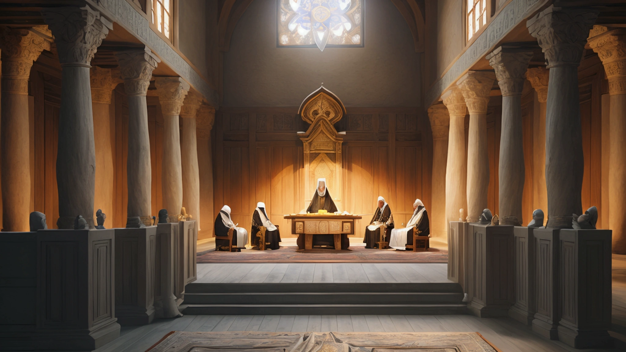 "Description: Illustrate a scene from an ancient council or gathering where religious leaders are debating and deciding which texts should be included in the Bible. This visual should capture the intensity and significance of the moment when the canon was being formed.
Details: Set the scene in a grand, ancient hall with high, vaulted ceilings. The leaders, dressed in traditional robes, are seated around a large table, with scrolls and texts spread out before them. Their expressions range from deep contemplation to animated debate. The background can include intricate tapestries and religious symbols, creating an atmosphere of solemnity and importance. A subtle, divine light can shine through a window, symbolizing divine guidance."