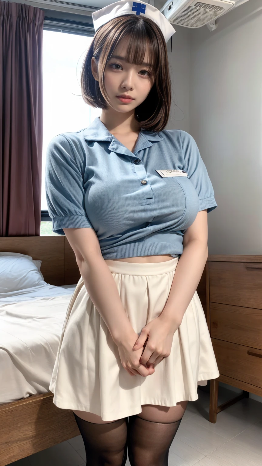 masterpiece, best quality, illustration, Super detailed, fine details, High resolution, 8K,wall paper, perfect dynamic composition,(Details High quality, realistic depiction of eyes:1.3), Hospital Rooms、White nurse cap、White tights、White nurse uniform、standing、Hand skirt、Flipping up a white skirt, large breasts,short bob hair, black hair color, Big Natural Color Lip, bold sexy pose, crying a little、20 year old girl、cute type、beautiful legs, hposing Gravure Idol