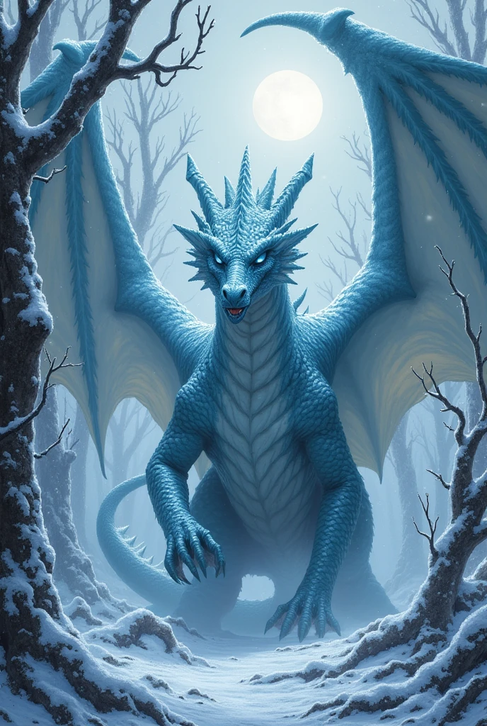 A powerful and terrifying ice dragon , appeared imposing and aggressive hidden among the trees in a snowy landscape