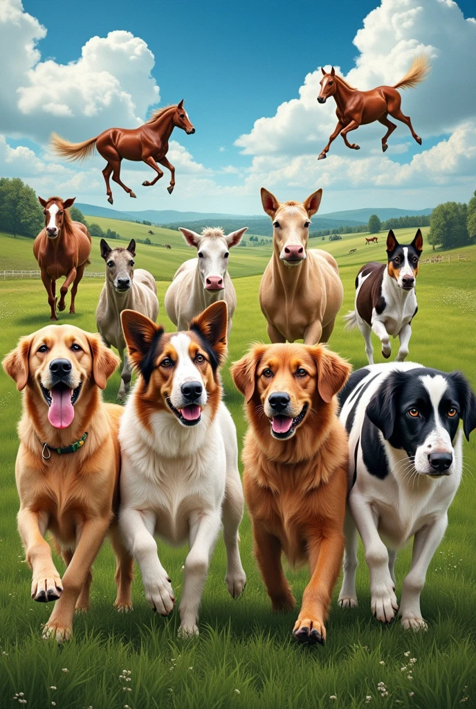 Collage of dogs,cows and horses 
