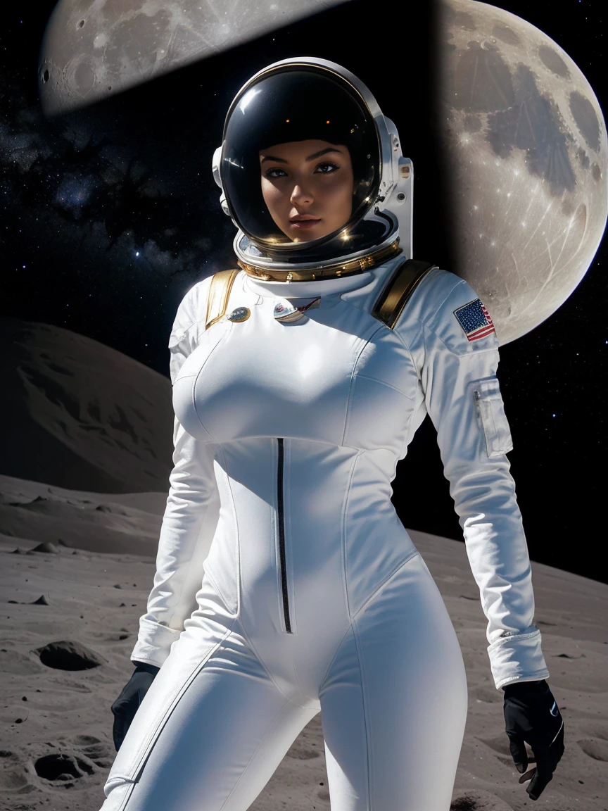 Gorgeous and sultry busty athletic (thin) astronaut with sharp facial features wearing a white space suit, opaque space helmet, gold visor, spacesuit, bodysuit, ray gun, jetpack, spaceship, 1960's, space, lunar surface, moon, earth rise, Earthrise, space, stars, American flag, huge boobs