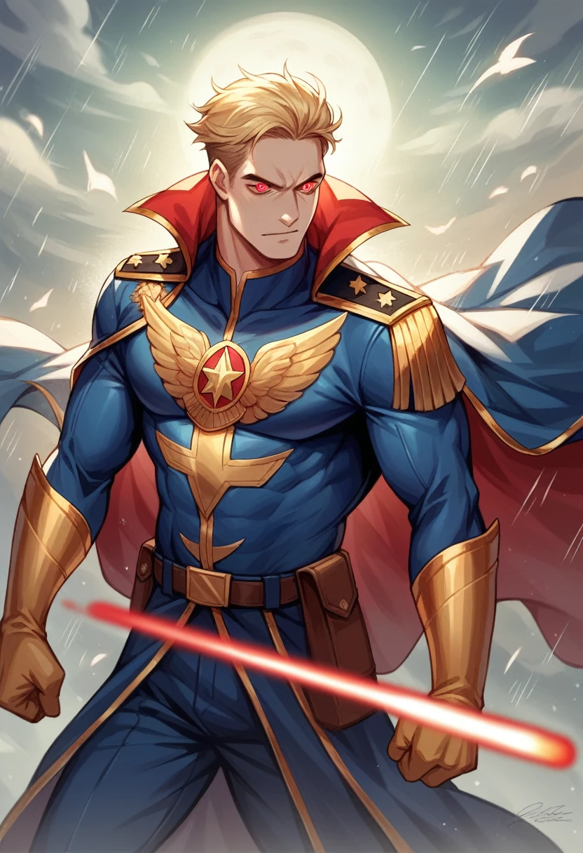 an epic scene of homelander from The boys, a blond evil super, with an outfit similar to the america, red laser eyes, wears a blue and gold uniform, with a cape that flutters in the wind, adorned with a golden eagle on the right shoulder. an upright and confident posture, a sadistic face, with shoulders relaxed but ready to strike at any moment. He stands straight, his chest puffed out with confidence and his arms crossed tightly behind his backHe hovers in the air in a dark and rainy city realistic art
