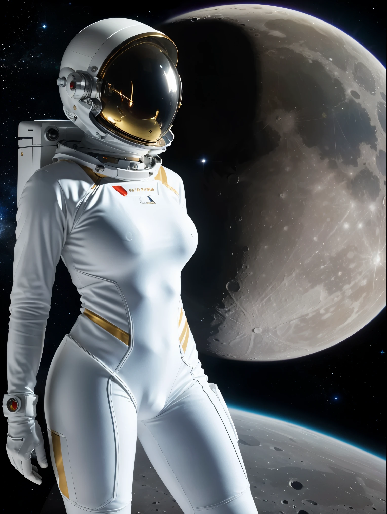 Gorgeous and sultry busty athletic (thin) astronaut with sharp facial features wearing a white space suit, opaque space helmet, gold visor, spacesuit, bodysuit, ray gun, jetpack, spaceship, 1960's, space, lunar surface, moon, earth rise, Earthrise, space, stars, American flag, huge boobs