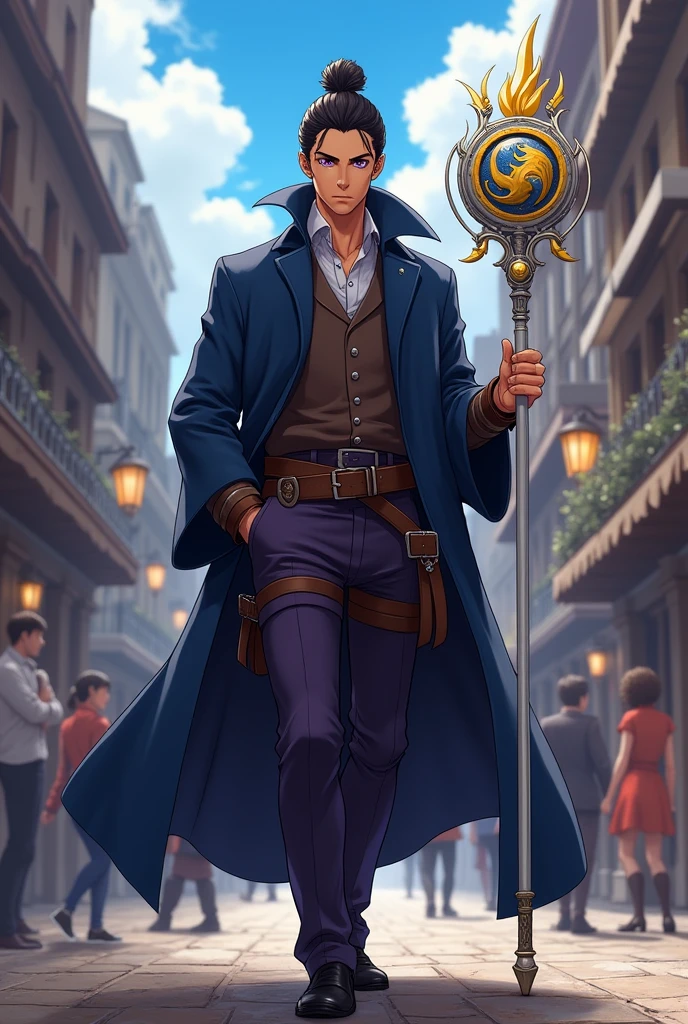 Make a wizard of d&d, he has a bun style hair, Her eyes are dark purple, your skin is peachy in tone, a little tanned, he wears a dark blue overcoat with a brown belt, His pants are dark purple and his shoes are black, he uses a white staff with small yellow and blue details, with a symbol of mystra the goddess of magic of d&d, do it in anime style, similar to the art style of attack on titan by estudio mappa