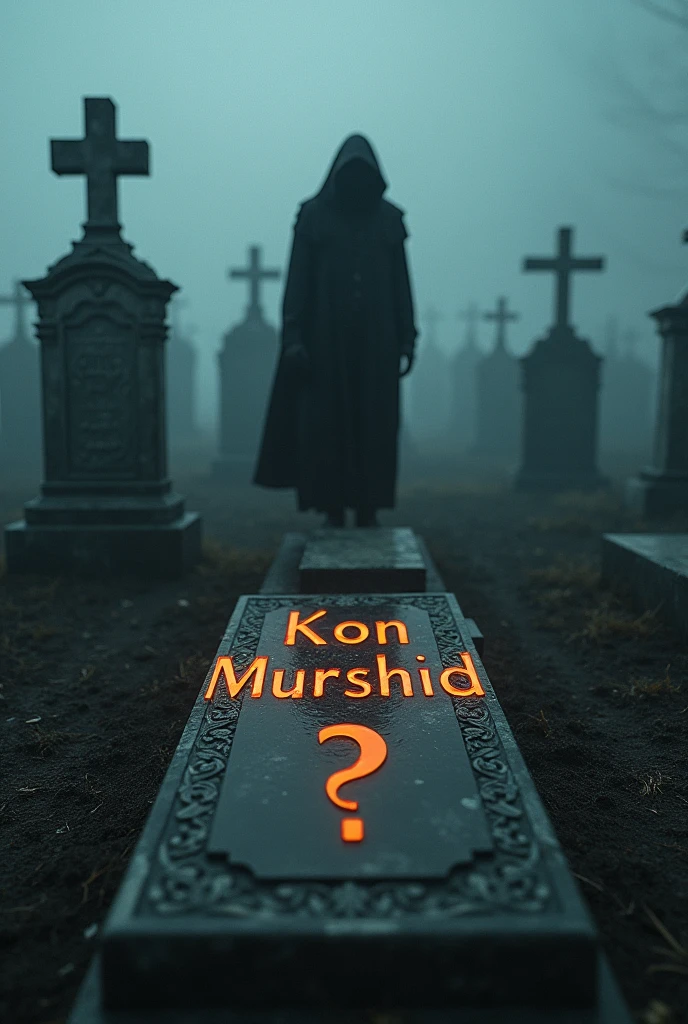 quality(masterpiece, highest quality, photorealistic, 8K resolution, sharp details, clear textures, ultra-realistic, cinematic lighting), BREAK, a Muslim graveyard (old, weathered gravestones, Arabic inscriptions, crescent moon symbols on some graves, quiet and eerie atmosphere, no crosses), BREAK, "Kon Murshid?" written in large, bold, glowing letters on a gravestone, very eye-catching and real-looking, BREAK, mysterious fog swirling around the graves, symbols of death reaching out from the mist, ominous atmosphere, fear-inducing, BREAK, 1 man (face hidden, wearing a long dark gown, standing near the grave with "Kon Murshid?" written on it), BREAK, background (foggy Muslim graveyard, mist covering the ground, ancient tombstones, eerie lighting, unsettling atmosphere), BREAK, (extremely detailed, from below angle:1.3, dynamic and cinematic), hyper-realistic with sharp focus on the text and the graves.
