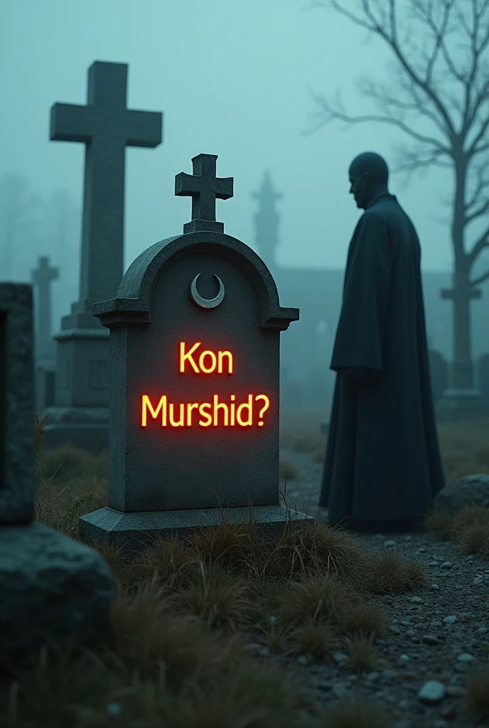 quality(masterpiece, highest quality, photorealistic, 8K resolution, sharp details, clear textures, ultra-realistic, cinematic lighting), BREAK, a Muslim graveyard (old, weathered gravestones, Arabic inscriptions, crescent moon symbols on some graves, quiet and eerie atmosphere, no crosses), BREAK, "Kon Murshid?" written in large, bold, glowing letters on a gravestone, very eye-catching and real-looking, BREAK, mysterious fog swirling around the graves, symbols of death reaching out from the mist, ominous atmosphere, fear-inducing, BREAK, 1 man (face hidden, wearing a long dark gown, standing near the grave with "Kon Murshid?" written on it), BREAK, background (foggy Muslim graveyard, mist covering the ground, ancient tombstones, eerie lighting, unsettling atmosphere), BREAK, (extremely detailed, from below angle:1.3, dynamic and cinematic), hyper-realistic with sharp focus on the text and the graves.