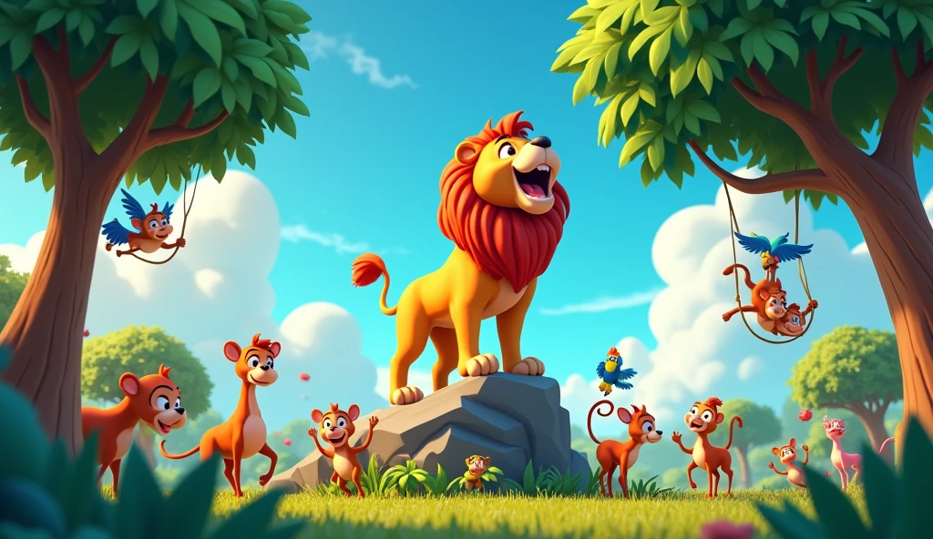 Lion roaring loud while other animals having fun near trees, 3D cartoon