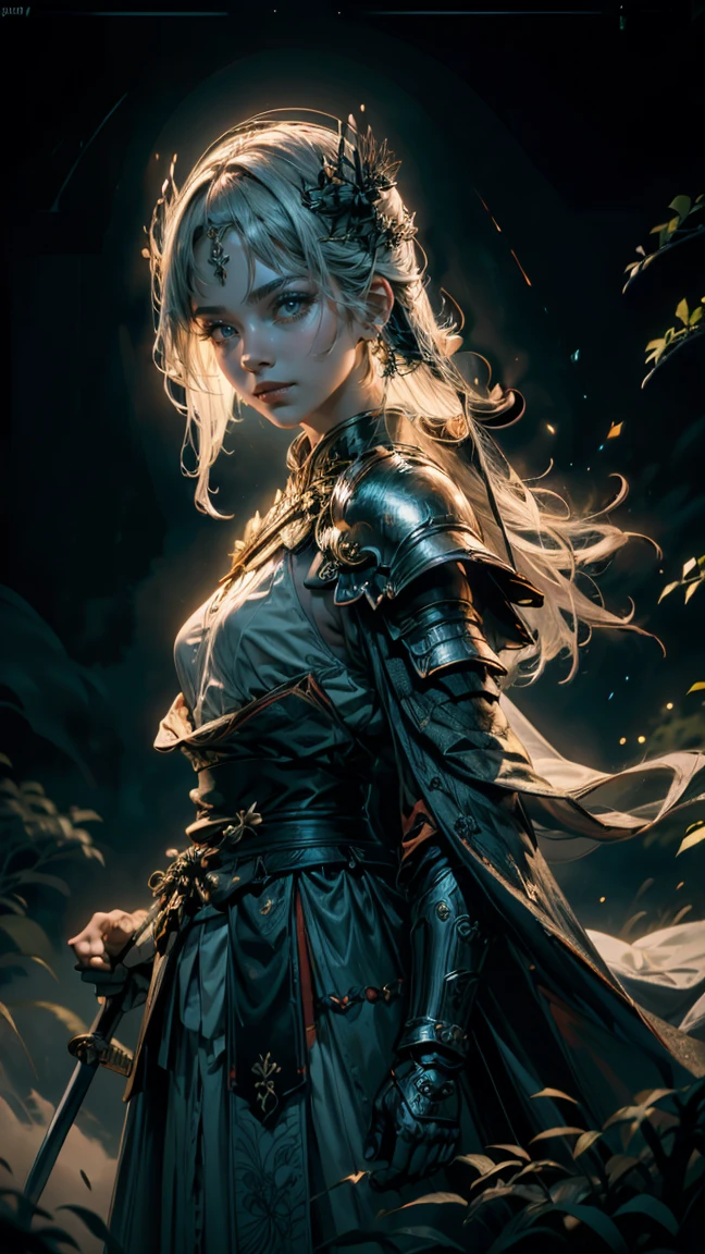 standing in bright sunlight, Highly dramatic lighting Action Scene, Feudal samurai wearing bright white fantasy armor with jelly Emblem coming Out of the Fog wearing a burning intricate detailed samurai Armor, cloak over one shoulder, atmospheric backlight, atmospheric haze, Film grain, cinematic film still, shallow depth of field, highly detailed, high budget, cinemascope, moody, epic, OverallDetail, gorgeous, 2000s vintage RAW photo, photorealistic, candid camera, color graded cinematic, eye catchlights, atmospheric lighting, skin pores, imperfections, natural, shallow dof, deep blacks, high monochrome contrast,