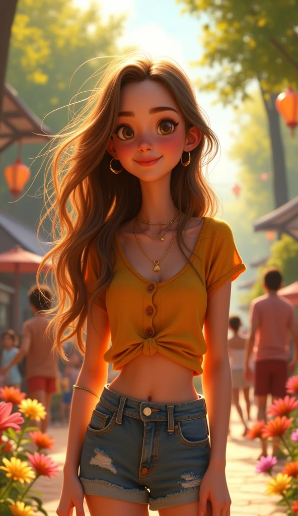 Because I am not what I wear. I am just the way I am! I am not what I have either. I am who I am! create a 25-year-old female character in the Pixar Disney style, fair skin, honey-colored eyes, long straight and messy hair, and beautiful