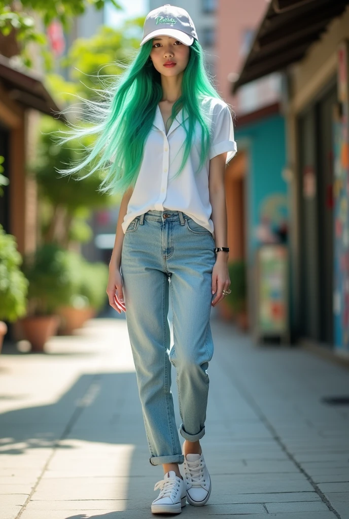 Thai woman, adult, white skin, long green hair, wear white shirt, lightblue jeans, canvas shoes, 4k, cap