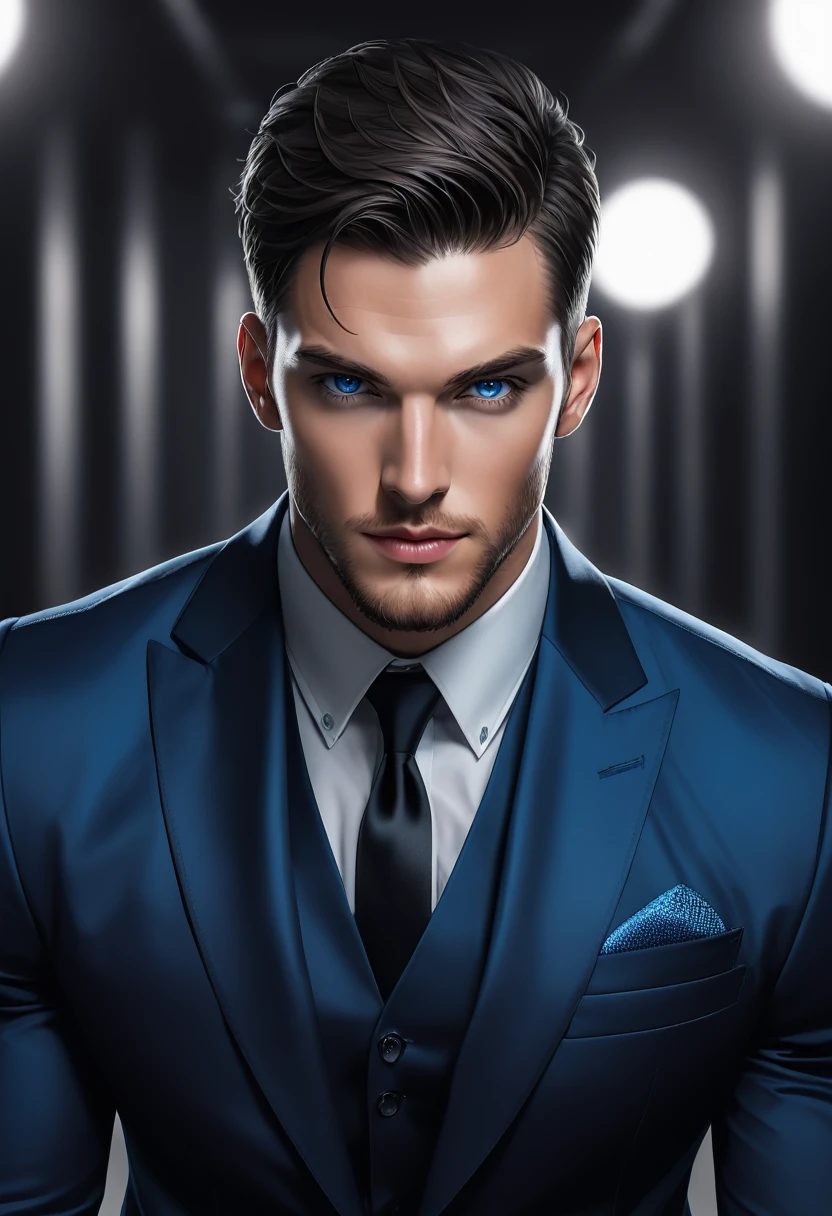 34 year old man, beautiful like Chris Wood, blackquality hair, with an imposing and powerful appearance, Athletic, blue colored eyes. using suit. Image will be used for book cover