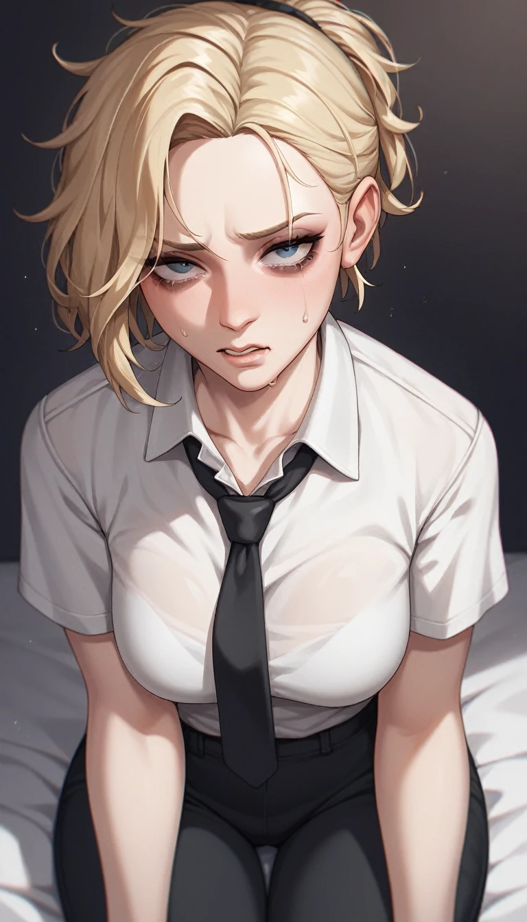 solo, Adult woman, medium breasts, curvy body, Short Messy Ponytail, Blonde hair colors, close up shot on person suffering from anxiety, cry face, a woman showing sadness, lonely woman, a woman sitting in bed, white shirt, black tie, Long-sleeved shirt, black trousers, dynamic angle. no light source, dark background, night days, dark hotel bedroom background,