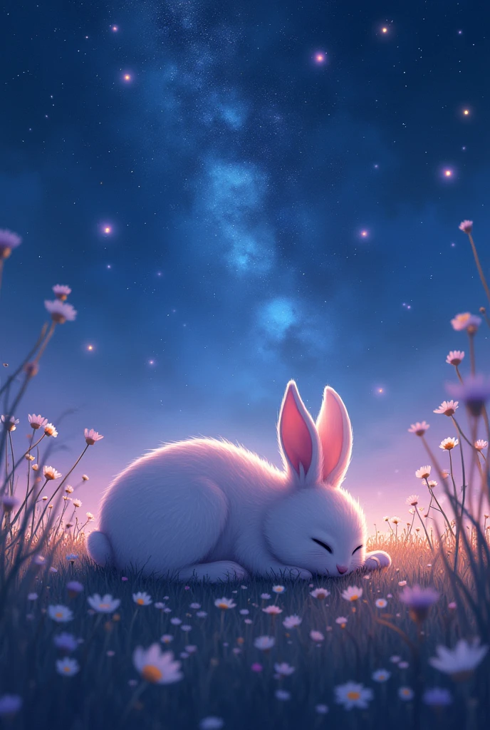 A baby rabbit from the world of anime is sleeping under the stars。