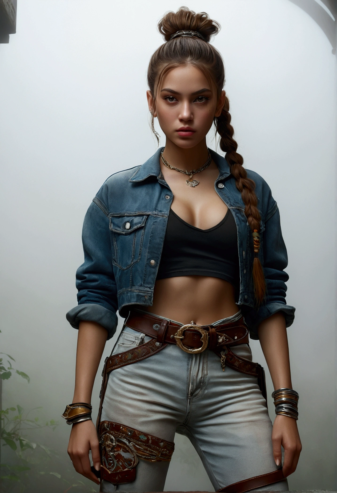 (wide shot, full body best quality, 4k, 8k, high resolution, masterpiece: 1.2), ultra detailed, (realistic, photorealistic, photorealistic: 1.37), 1 girl in the middle of a thick fog: 1.5, hip-hop style outfit, high ponytail, incredibly long hair, cowgirl pose, looking at viewer, leaning forward, by Santiago Caruso, by Mike Azevedo, detailed eyes, detailed lips, extremely detailed face, long eyelashes, dynamic pose, colorful, vibrant colors, warm lighting