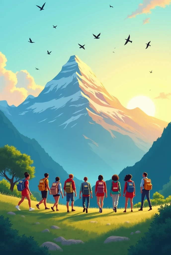 "Draw a scene in a light, illustrative style, with soft and vibrant colors, where a diverse group of seven people are walking towards a mountain in the background. The direction of walking is from left to right. Each person carries packed backpacks of books, symbolizing a journey of learning and personal development. On the horizon, the sun is rising behind the mountain, creating a warm and inspiring glow, while some birds fly in the clear blue sky. At the top of the image, insert the YouTube logo. and a banner with the words 'Power Clips Factual' in a relaxed and welcoming font style. The setting should convey a sense of progress, hope and teamwork, with lush greenery in the foreground and blue mountains in the background 8k."