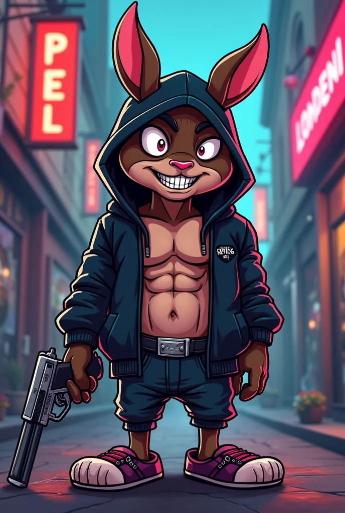 cartoon animal rabbit devil with hood,  black jacket no shirt abs , with a gun in his hand and gold chains 
