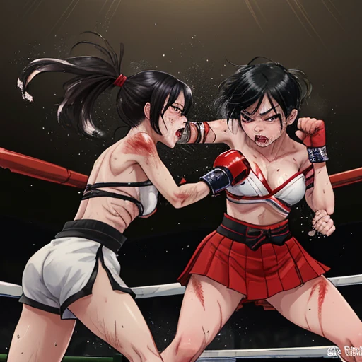 A fierce exchange of dynamic punches. they are beating each other so hard. two bloody beautiful Japanese female battle slaves are fighting by extreme bareknuckle boxing in underground arena. survival battle. whole body picture. they are covered in scars and bruises. they are damaged terribry. Short-cut black hair, out of breath, drooling from mouth, one eye is closed, exhausted, drenched in sweat.