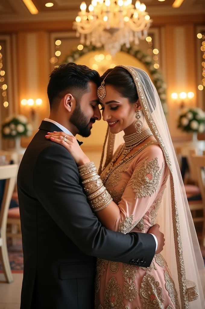 pakistani bride is hugging her groom and only her eyes are showing