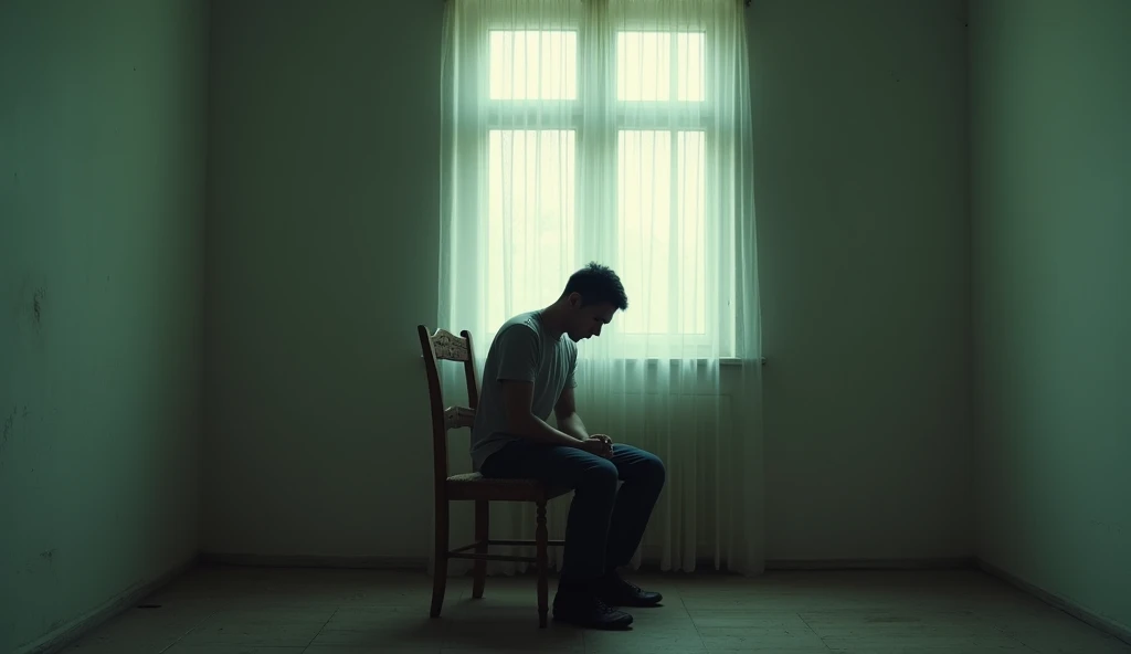 Here is a picture of a sad man sitting alone, reflecting feelings of loneliness or sadness, in a simple environment with soft tones to highlight the melancholic atmosphere