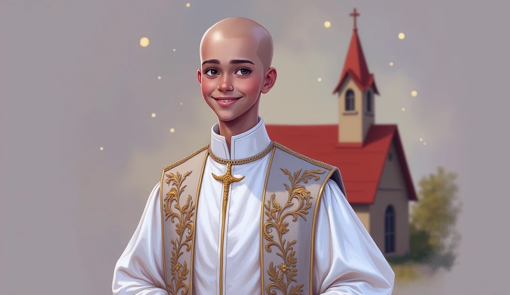 digital illustration, A young bald priest with bright brown eyes, smiling, open frame, whole body. Ken style details about clothes. angelic beauty, Neutral background pastel tones,  A red-roofed church looks very small