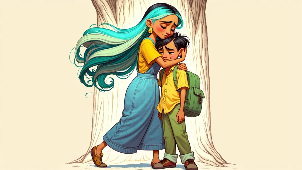 SIDE VIEW CAMERA OF ((masterpiece, best quality)), award winning, 4k, 8k, 3d pixar animation character, visible face, SIDE VIEW, a 25 YEAR OLD woman NAMED BRISA, portrait, beautiful, cute, yellow shirt, yellow pants, light long blue apron, pink sneakers, long plaid blue hair, light tan skin, brown eyes, ((Perfect Hands)), UHD, 8K, her pose is HUGGING A 14 YEAR OLD LATIN BOY WHO IS CRYING, BRISA IS CRYING ALSO WHILE SHE CONFORTS THE BOY WITH HIS GRIEF, BACKGROUND IS: ((masterpiece, best quality)),3d illustration of countryside el salvador, a big, tall and wide amate tree behind with a big hole in its trunk)