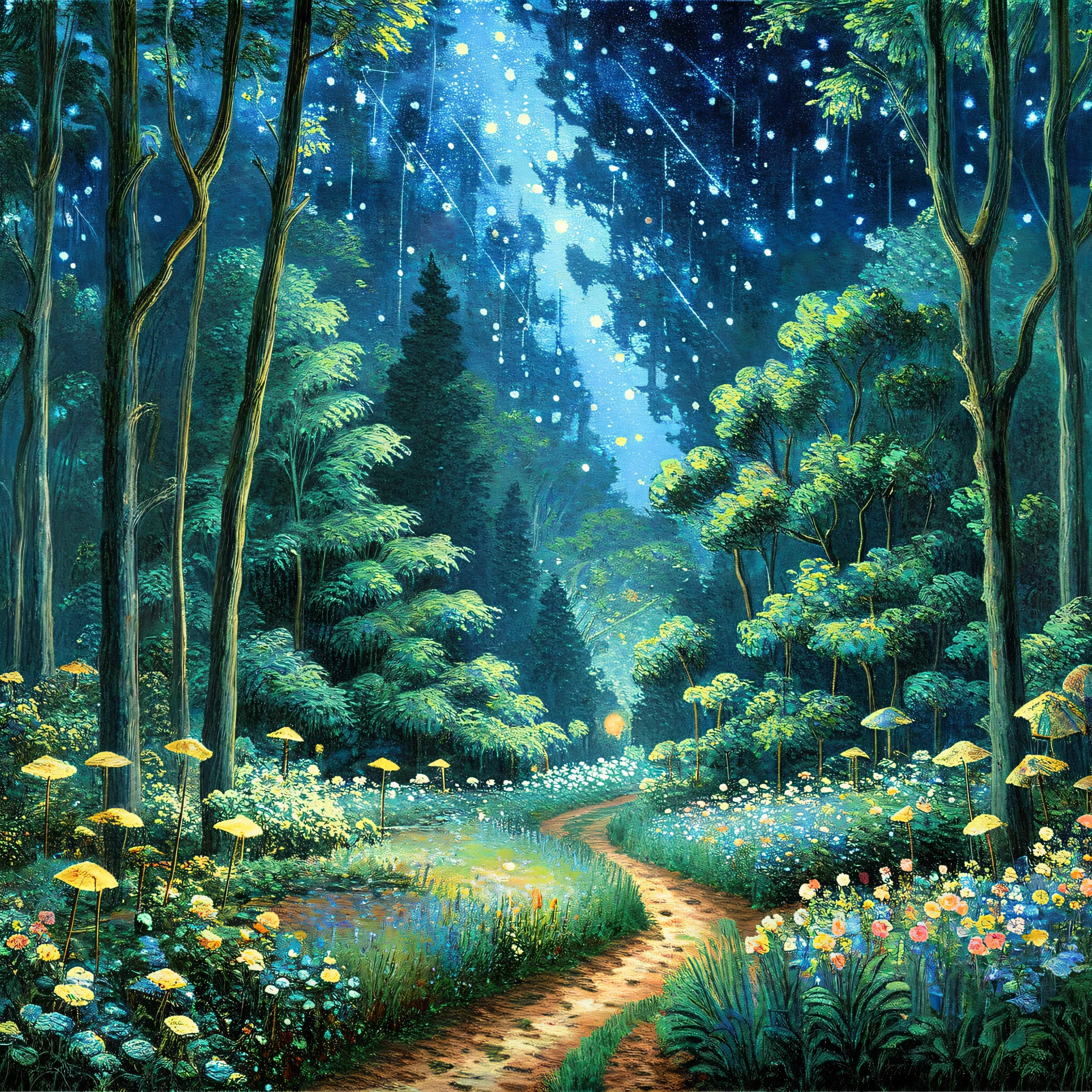 （Claude Monet），forest，night，Meteor Showers ,(landscape、forest details） ,( Solitary),Claude Monet style add beautiful cute little animal on border 