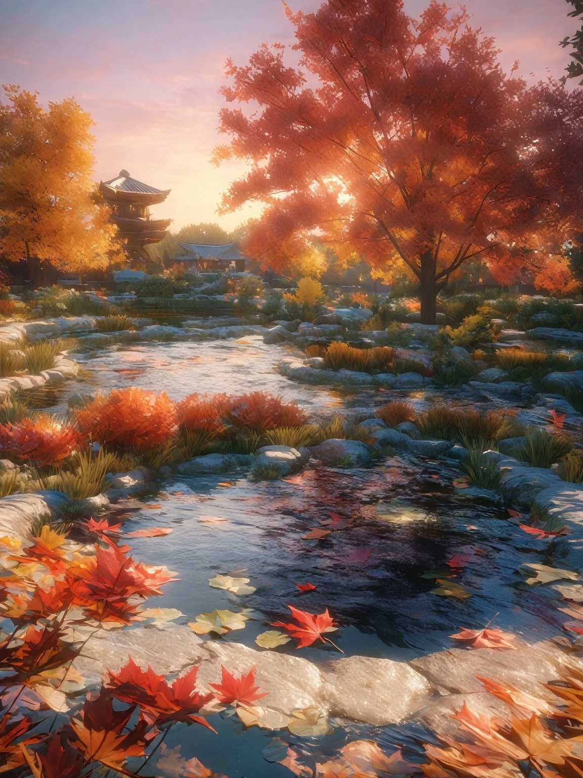 DIY16,best quality, Ultra HD, masterpieces, 8K, Practical, Anime style, 3D Rendering,(Pond in the evening:1.2), (8K, best quality, masterpiece:1.2), (Ultra-high resolution:1.0), Extremely bright design, Soft colors, (ink:1.3), Autumn Lights, High Detail, dramatic, photoPractical painting art