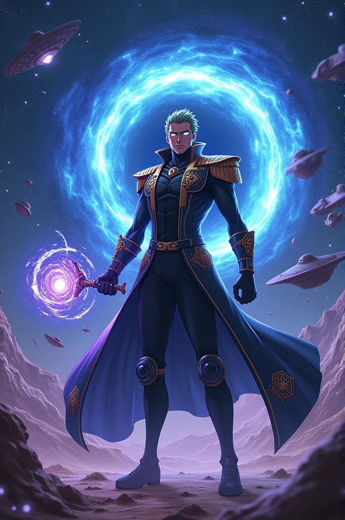 
**Pose and Appearance:**
- **Posture**: Admiral Gufran stands confidently, perhaps in the middle of the battlefield or in a dominant position in empty space. His body was surrounded by a cosmic aura that showed the power and control he possessed.
- **Facial Expressions**: His face shows calm and strength, with eyes that shine or radiate cosmic light indicating the power within him.

**Void and Cosmic Effects:**
- **Void Effect**: Around Gufran, there is an area that looks like a small black hole or vortex that sucks in matter and energy. There may be visual effects such as space distortion or areas that appear to be missing nearby.
- **Cosmic Energy**: Gufran is surrounded by shimmering cosmic light or energy, possibly blue or purple, that flows out of his body or forms geometric shapes around him.
- **Gravity Manipulation**: There may be visible gravitational effects, such as objects floating in the air or surfaces appearing to curve around the Gufran.

**Environment:**
- **Cosmic Dimensions**: The image background may be a cosmic landscape or other dimension that is warped or mixed with void effects. This could include stars, galaxies, or strange space structures.
- **Void Influence**: The area around Gufran may appear lost or scarred by his void power, with objects or light being drawn into it.

**Accessories and Details:**
- **Clothing**: Admiral Gufran may wear military clothing or armor with a futuristic or cosmic design, possibly with symbols indicating Cosmic Devil Fruit powers.
- **Weapon or Tool**: If he is holding a weapon, it may appear to be an energy weapon or have prominent cosmic effects. Make anime style, and draw him fighting his enemies 