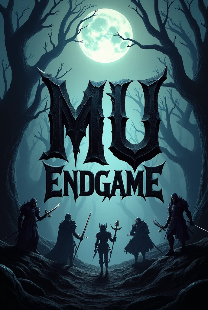 Create a logo with the name MU ENDGAME of mmorpg of mu online where there are wars and survivals in a totally dark world fighting for victory