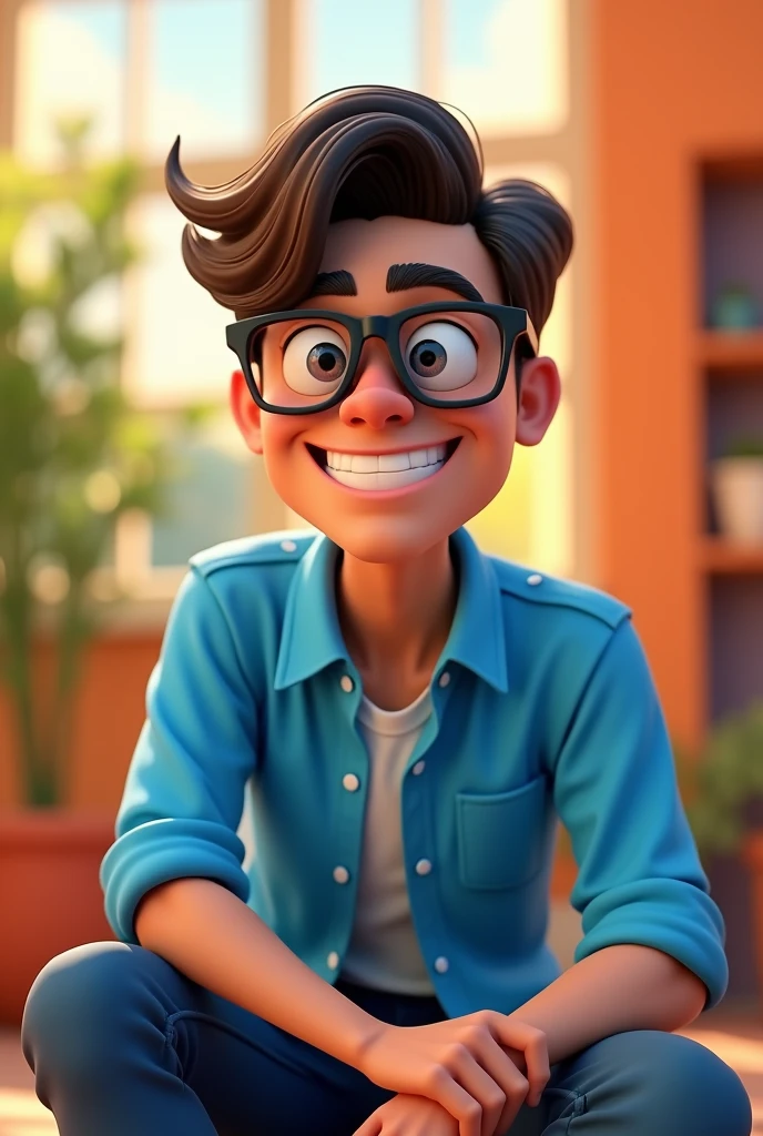 Cartoon character of a man in black glasses and blue shirt, an animated character, stylized character, animation style rendering, 3d stylized, Arnold Maya rendering, Stylized 3D rendering, toon render screenshot, 3d character, 3d character, Stylized 3D rendering, 3D character rendering, cartoon character, Personagem de close up, character posing, (Pixar-style) (master part:1.2) (bokeh) (best qualityer) (skin detailed) (detailed texture) (8k) (Argilla) (cinematic lighting) (sharp focus,Sit down and lift your upper body