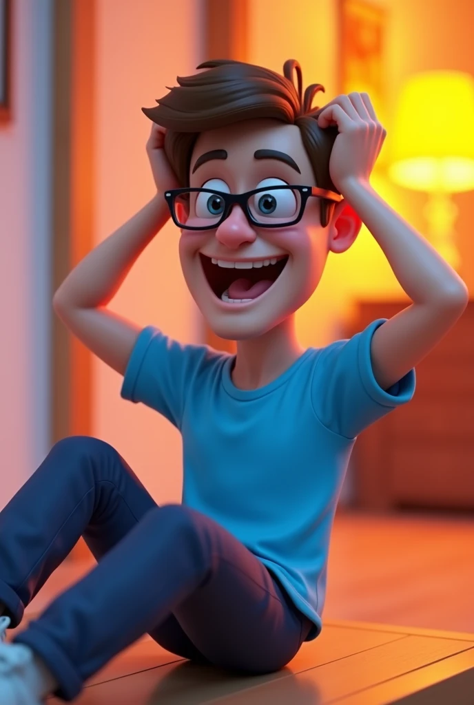 Cartoon character of a man in black glasses and blue shirt, an animated character, stylized character, animation style rendering, 3d stylized, Arnold Maya rendering, Stylized 3D rendering, toon render screenshot, 3d character, 3d character, Stylized 3D rendering, 3D character rendering, cartoon character, Personagem de close up, character posing, (Pixar-style) (master part:1.2) (bokeh) (best qualityer) (skin detailed) (detailed texture) (8k) (Argilla) (cinematic lighting) (sharp focus，Sit down and lift your upper body