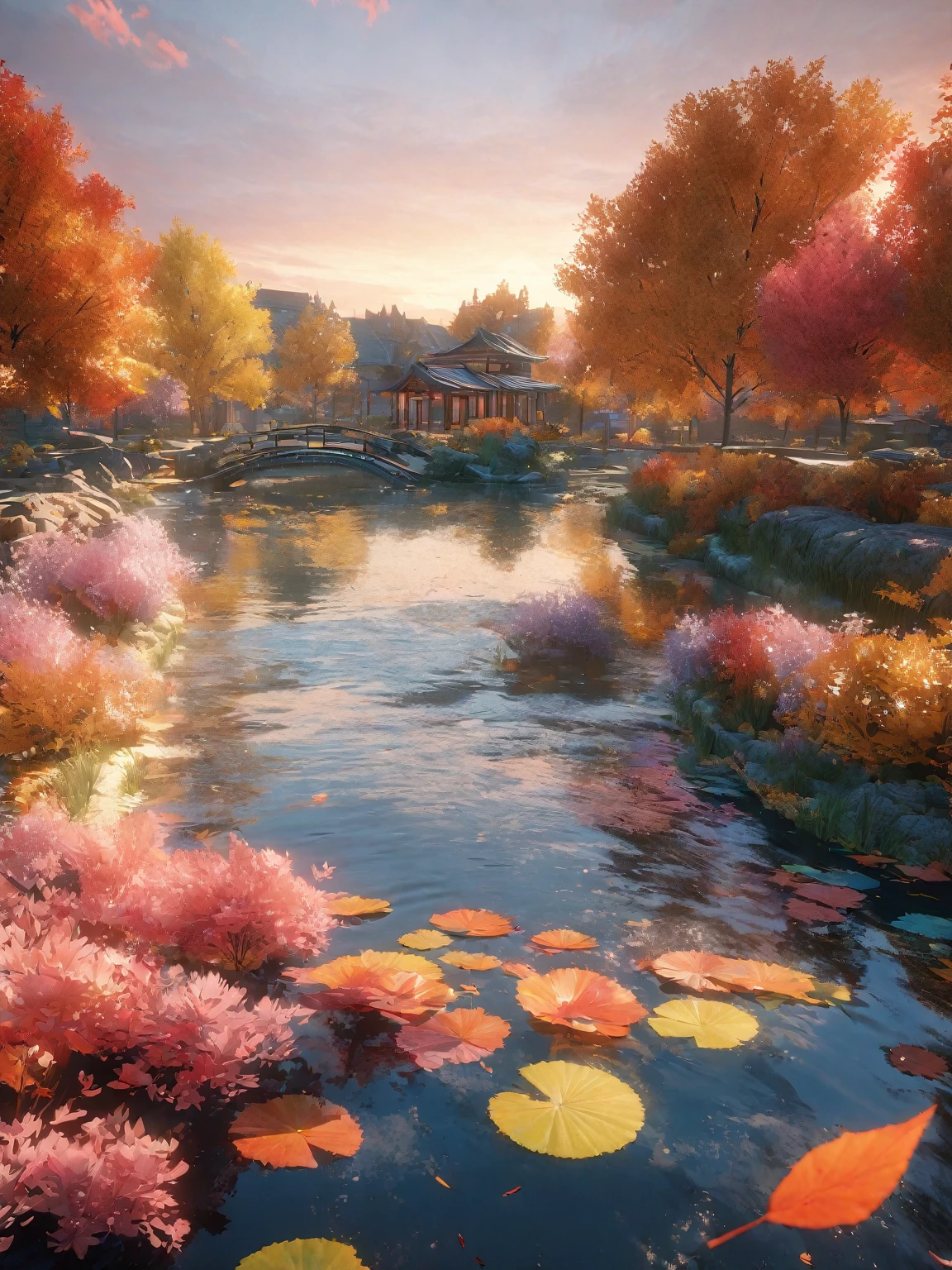 DIY16,best quality, Ultra HD, masterpieces, 8K, Practical, Anime style, 3D Rendering,(Pond in the evening:1.2), (8K, best quality, masterpiece:1.2), (Ultra-high resolution:1.0), Extremely bright design, Soft colors, (ink:1.3), Autumn Lights, High Detail, dramatic, photoPractical painting art