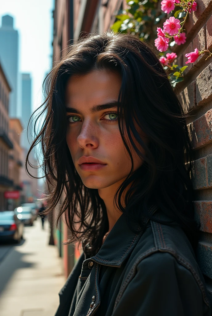 Young man with long black hair and green eyes 