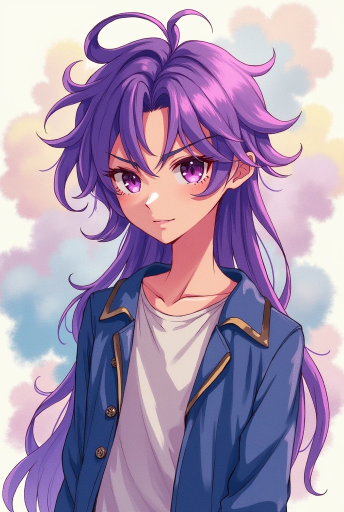 simple, purple hair, man, anime, as if a person had drawn roughly, long hair