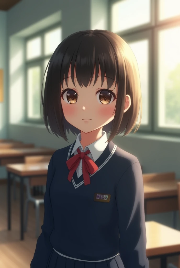 Highest quality, Face Focus, Soft Light, Ultra-high resolution, (Realistic:1.4), RAW Photos, 1 Japan, alone, cute, (A shy smile:0.5), (Brown eyes, Light in your eyes), Beautiful face in every detail, (Small box),(High resolution detail of human skin texture), (Short Bob Hair), break, In the classroom,Navy uniform, Best, skirt