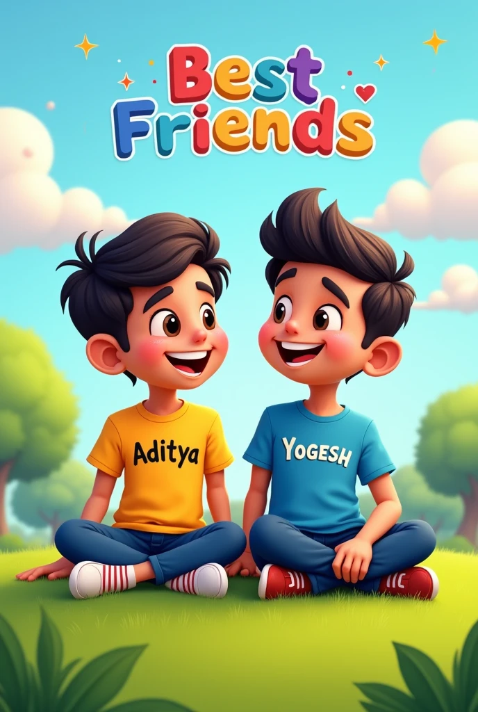 2 friends siting on the grass one boy name "aditya" written on the shirt and another boy name "YOGESH" written on the t shirt 2d cartoon behind the cartoon best friend text
